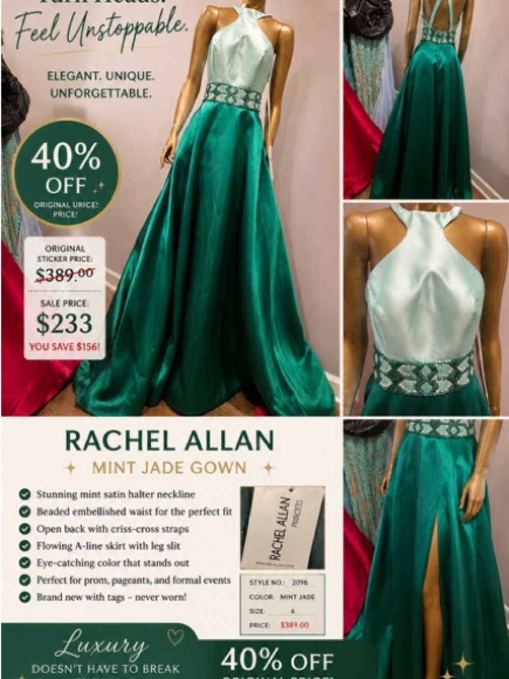 Rachel Allan Mint and Jade Satin Halter A-Line Gown